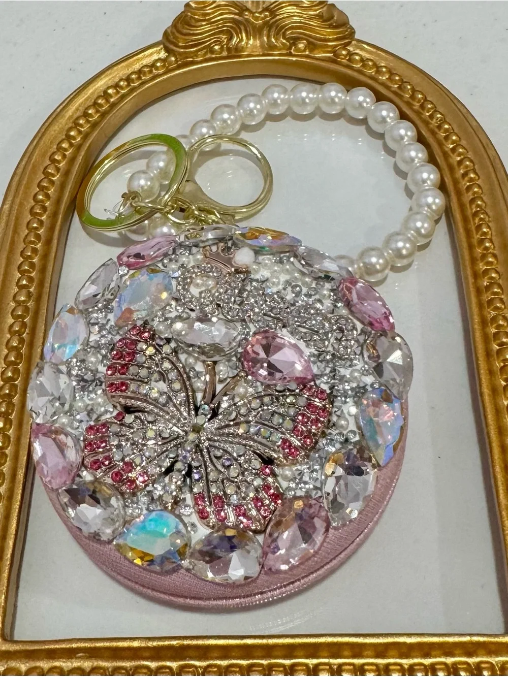 New Crystal Butterfly Mirror Key & Card Holder Wristlet in Pink